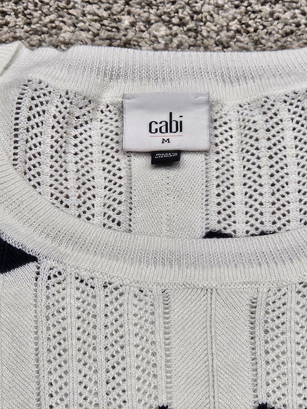 Cabi Open-Knit Striped Sweater in White and Navy - Picture 2 of 5